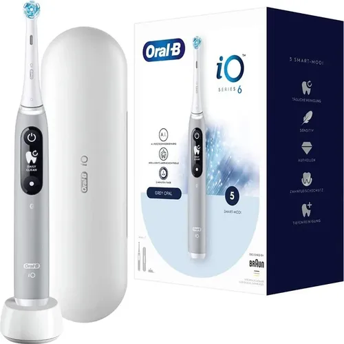 Oral-B iO Series 6 Grey Opal Elektrische Zahnbürste - Oral-B iO Zahnbürste mit 5 Reinigungsmodi für optimale Zahn- und Zahnfleischpflege, inklusive intelligentem Drucksensor für schonendes Putzen.