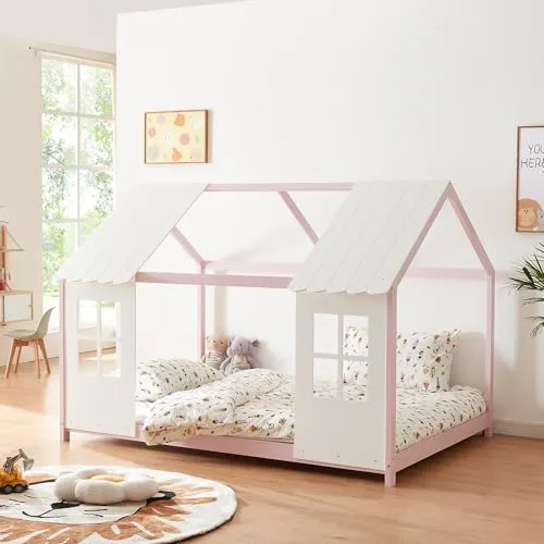 [en.casa] Kinderbett Tostedt – Hausbett 140x200cm Rosa/Weiß - Betten – Halboffenes Design aus massivem Kiefernholz, verwandelt das Kinderzimmer in ein magisches Schlummerparadies für kleine Abenteurer.
