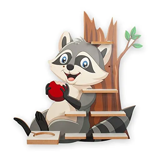 Regal „Waschbär“ für Toniebox und Tonies - Bezauberndes Kinderzimmerregal mit fröhlichem Waschbär-Motiv | Größe: 55x50 cm | Inkl. 40 selbstklebende Metallplättchen für flexible Befestigung der Tonie-Figuren