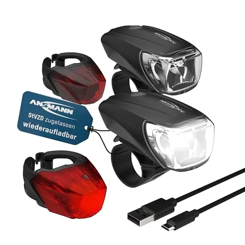 ANSMANN Fahrradlicht 2er Bundle Set mit CREE LED - Fahrradbeleuchtung, StVZO zugelassen mit bis zu 140 m Leuchtweite und 170 Lumen. Wiederaufladbar über USB für bis zu 6 Stunden Laufzeit – ideal für sicheres Fahren bei jedem Wetter.