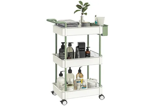 HOMCOM Servierwagen mit 3 Ebenen - Vielseitiger Servierwagen für Küche, Büro oder Bad mit 3 Etagen und Hängekorb. Mobil mit Rollen und bremsbaren Rädern, ideal für Ordnung und Flexibilität.