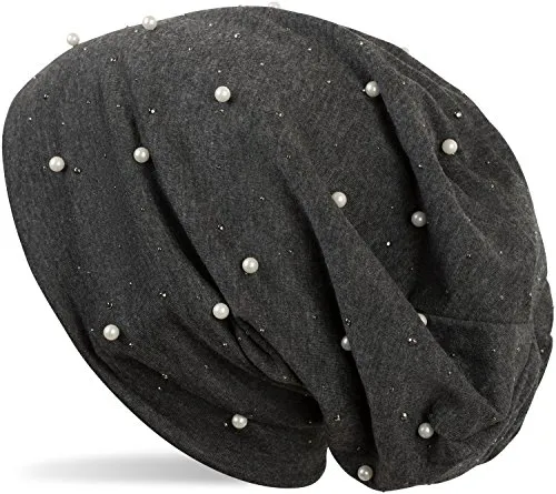 styleBREAKER Beanie Mütze mit Perlen und Strass Nieten, Slouch Longbeanie, Damen 04024140, Farbe:Dunkelgrau meliert