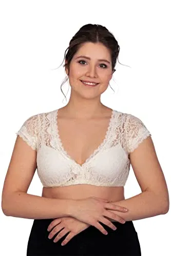 Edelnice Trachtenmode Dirndlbluse Leonie beige - Elegante Dirndlbluse aus beiger Spitze mit Blumenmuster, ideal für festliche Anlässe. Kurze Ärmel und Blumenspitze am Ausschnitt sorgen für einen glamourösen Look.