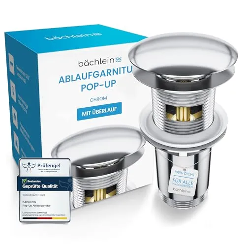 Bächlein Universal Ablaufgarnitur mit Überlauf (Chrom) – Praktisches Pop Up Ventil für Waschbecken - Waschtischarmaturen mit einfacher Push-Push-Funktion für schnelle Bedienung und werkzeuglosen Einbau – ideal für jedes handelsübliche Waschbecken!