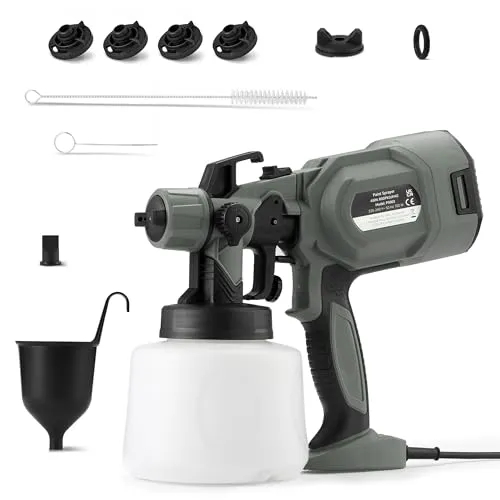 Amazon Basics Elektrische Farbspritzpistole, 700W HVLP Lackierpistole, 1.200ml Behälter, 4 Düsen, 3 Sprühmuster, 30,3cm x 14,2cm x 27,7cm, Grau
