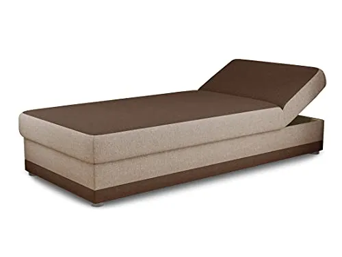 Bett Andre 90x200cm mit Bettkasten - Flexibles Schlafsofa für Kinderzimmer und Schlafzimmer - Bettrahmen mit 90x200 cm Schlaffläche und großem Bettkasten. Verstellbare Kopfstütze in 6 Positionen für optimalen Komfort und hochelastischen Schaumstoff für erholsamen Schlaf.