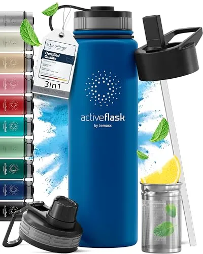 Produktbild Trinkflasche Edelstahl ACTIVE FLASK + Strohhalm (3 Deckel) BPA-frei, Auslaufsicher, Kohlensäure geeignet