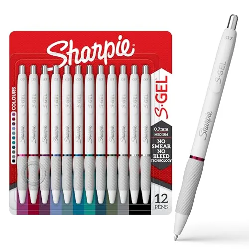 Sharpie S-Gel | Gelstifte zum Schreiben | Mittlere Spitze (0,7mm) | Verschiedene Tintenfarben | Weißes Perlmuttgehäuse | 12er-Pack