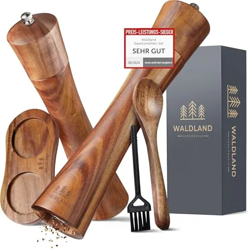 WALDLAND® Salz und Pfeffermühle aus Holz mit Untersetzer Gross (21 cm) - Küchenhelfer mit hochleistungs-Keramikmahlwerk für frische Gewürze direkt am Tisch. Ideal zum Verschenken und für eine elegante Atmosphäre beim Kochen!