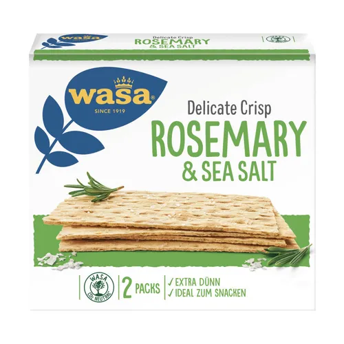 Wasa Knäckebrot Delicate Crisp Rosmarin und Salz 190g - Brot & Brötchen, extra dünnes Knäckebrot mit aromatischem Rosmarin und feinem Salz – ideal für gesunde Snacks oder als Beilage.