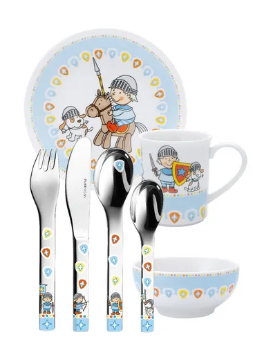 PURESIGNS Kindergeschirr-Set MIKO (7-tlg) - Edelstahl & Porzellan für kleine Helden - Kindergeschirr-Set für 1 Person, plastikfreier Essgenuss mit kinderfreundlichem Design, das perfekt in kleine Hände passt.