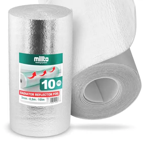Millto™ Heizkörper Reflexionsfolie 10m x 0,5m x 3mm | Wandisolierung Reflexionsplatte Reflektionsfolie Isoliermatten Thermomatte Alufolie Heizung Isolierung Dämmung Isolierfolie Dämmfolie