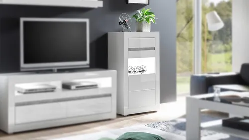 Standvitrine Carat - Moderne Glasvitrine in Hochglanz Weiß - Kategorie: Schränke & Wandschränke, Mit eleganter Glasfront und modernem Design, ideal für Esszimmer oder Wohnzimmer und bietet stilvolle Aufbewahrung.
