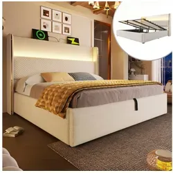 Odikalo Polsterbett Stauraumbett mit Bettkasten (180x200 cm, modernes Hydraulisches Bett mit Hohem Kopfteil, Doppelbett mit LED-Beleuchtung, Stauraum & USB/Type-C-Anschlüssen, in Leinen Optik Beige (Ohne Matratze) 180 cm