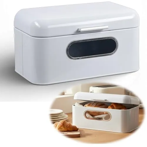 LS-LebenStil Vintage Brotkasten Weiß 30x18x15cm Metall Retro Brotbox mit Deckel Griff Sichtfenster Aufbewahrungskorb Aufbewahrungsbox Nostalgie Brotkorb zum Frischhalten