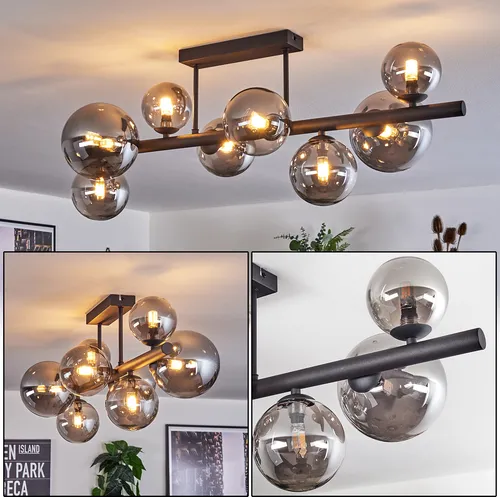 Isorella Deckenlampe aus Metall und Glas in Schwarz und Rauchfarben - Moderne Deckenleuchte für Innenräume, ideal für Esszimmer, Flur oder Wohnzimmer. Mit 8 Flammen und austauschbaren Leuchtmitteln bietet sie flexible Lichtgestaltung.
