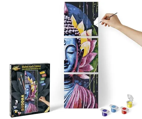 Schipper 609470916 Malen nach Zahlen - Buddha Malset für Erwachsene, inkl. Pinsel und 30 Acrylfarben, 40 x 120 cm, perfekte Vorlage für kreative Hobbymaler