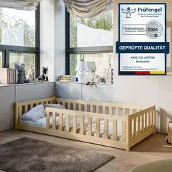 Kids Collective Kinderbett mit Rausfallschutz - Montessori Bodenbett 80x180 cm - Stilvolles Kinderbett aus FSC-zertifiziertem Kiefernholz, ideal für selbstständiges Ein- und Aussteigen. Mit schützenden Seitengittern für Sicherheit und einer komfortablen Matratze.