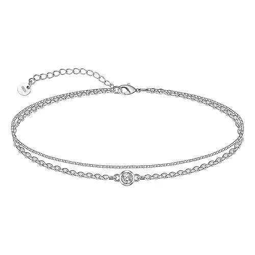 CHIC & ARTSY Damen Fußkettchen aus 925er Sterlingsilber, doppellagige Fußkettchen, Sommer Strand Kette Fußkettchen für Frauen, 27,9 cm Fußkettchen Verstellbares
