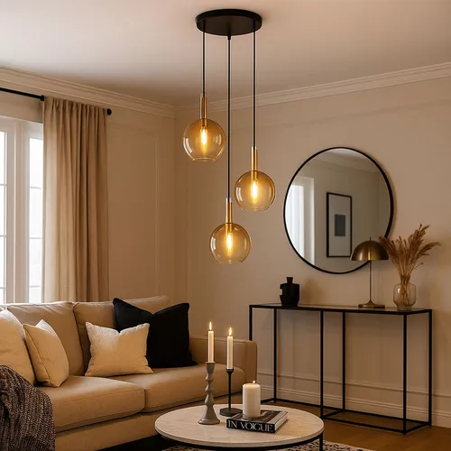 Pendellampe Marinella 3-flammig, Glas amber - Moderne Hängelampe für Esszimmer und Wohnzimmer mit eleganten amber Glaskugeln, die einen einzigartigen Lichteffekt erzeugen - ideal für stilvolle Akzente.