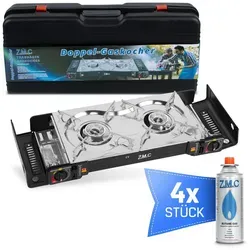 ZMC Gaskocher Butan Gaskocher Outdoor Campingkocher 2-flammig + Gaskartuschen 227g, (Doppel Kartuschenkocher mit Piezozündung, Wärmeleistung: 2,5KW, Doppel Kartuschenkocher mit Piezozündung, Wärmeleistung: 2,5KW), für Outdoor und Innenraum, Gasherd Kochfeld Gas Kocher Herd Doppel Campingkocher + 4x Gaskartuschen