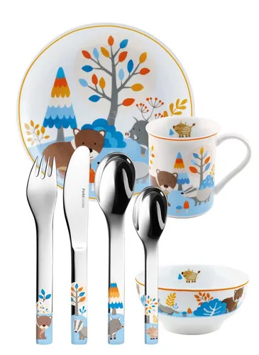 PURESIGNS Kindergeschirr-Set FRIENDS (7-tlg) - Buntes Kindergeschirr aus Edelstahl und Porzellan für 1 Person, mit ergonomischen Griffen und spülmaschinengeeignet - ideal für plastikfreien Essgenuss!