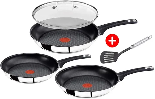 Tefal E43510 Jamie Oliver Pfannenset 20+24+28 cm - Pfannenset für alle Herdarten, inklusive Induktion. Hochwertige Antihaftbeschichtung für müheloses Kochen und Reinigung. Mit Pfannenschonern und Pfannenwender für zusätzlichen Komfort.