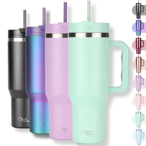 Milu Thermobecher 1200ml mit Strohhalm & Henkel - Thermostassen & -becher, 24h eisgekühlt und 12h heiß, ideal für unterwegs mit robustem Edelstahl und personalisierbarem Design.