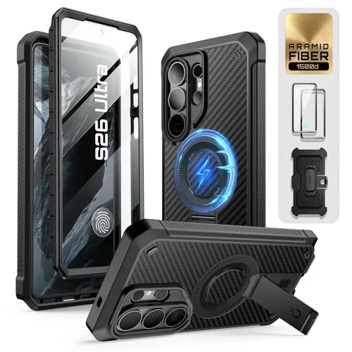 Supcase UB Pro Mag Aramid Handyhülle für Galaxy S26 Ultra – Schwarz mit Kohlefaser - Schützende Handyhülle für Galaxy S26 Ultra, gefertigt aus robustem Aramid und TPU. Mit integriertem KickStand und Holster für sicheren Transport. Hohe Stoßfestigkeit und MagSafe-Kompatibilität für flexibles Laden.