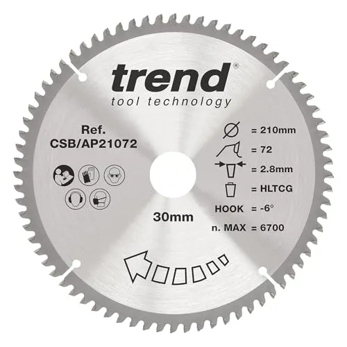 Trend Kreissägeblatt aus Aluminium und Kunststoff, 210 mm Durchmesser, 30 mm Bohrung, 72 Zähne, 2,8 mm Schnittfuge, -6° Haken, TCT, extrafeine Oberfläche, CSB/AP21072
