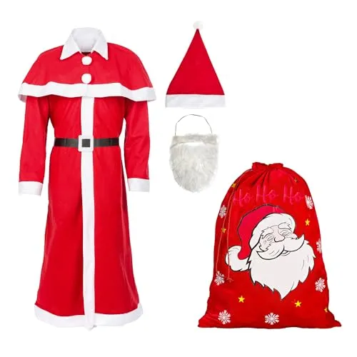 Idena 90484 Weihnachtsmann Kostüm 6-teilig - Vielseitiges Weihnachtsmann Kostüm Set in Universalgröße für Erwachsene, ideal für Feste und Feiern. Inklusive rotem Mantel, Bart, Gürtel und Geschenkesack für unvergessliche Momente.