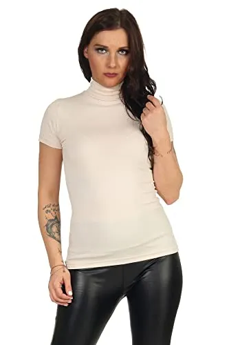 Mellice - Damen Kurzarm Shirt Rollkragen - 013 (XL, Creme)