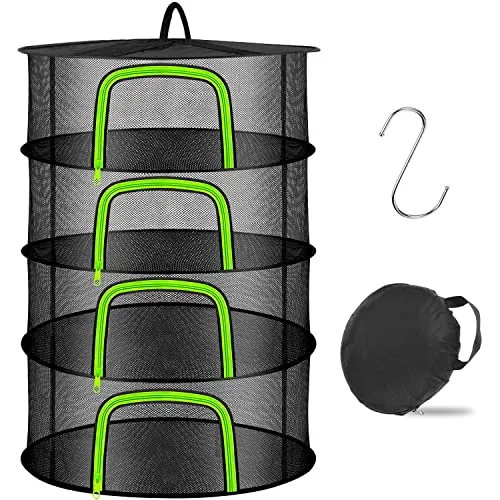 Coopache Trockennetz Kräuter Schwarz, 4-lagiges Kräutertrockner Hängend mit S-förmige Haken, Zipper Plant Drying Rack, Mesh Trockennetz für Pflanze, Fleisch, Blumen