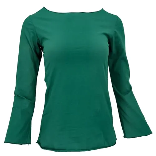 GURU SHOP Basic Langarmshirt, Damen Yogashirt mit Trompetenärmeln - Grün, Size:L - Einfarbiges Basicshirt mit Trompetenärmeln aus nachhaltiger Baumwolle. Angenehm zu tragen und vielseitig kombinierbar, ideal für entspannte Tage oder Yoga-Sessions.