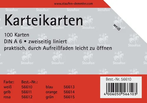 Staufen Karteikarten Karteikarten A6 liniert 180g/qm weiß VE=100 Stück