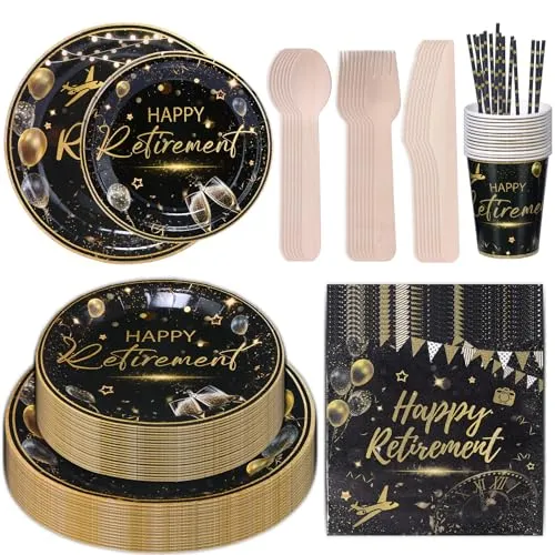 CEILIWEN 201-teiliges Partyzubehör-Set für Abschiedsparty, Ruhestand, Pappteller und Servietten, Schwarz und Gold, Partygeschirr für Männer und Frauen, Verabschieden Sie sich von Partys, 25 Stück