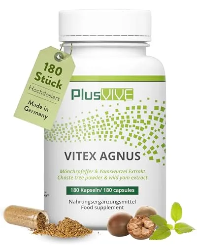 PlusVive Mönchspfeffer Kapseln hochdosiert I 1x 180 Kapseln I 250mg Mönchspfeffer & 100mg Yamswurzelextrakt pro Kapsel I Vitex Agnus Castus I Nahrungsergänzungsmittel vegan & laborgeprüft