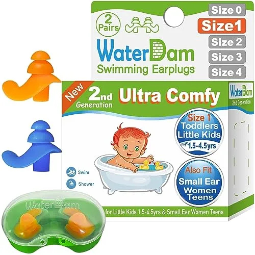 WaterDam Schwimm-Ohrstöpsel, wasserdicht, ultra-bequem, verhindern Schwimmerohren, Größe 1 + 1: Kleinkind 1,5–4 Jahre (Blau Orange))