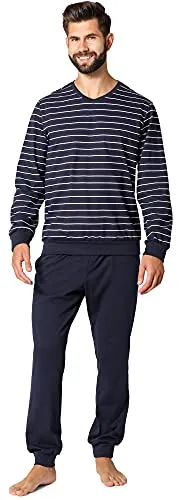 Ladeheid Herren Schlafanzug Zweiteiler Langarm Pyjama lang bunt aus Baumwolle LA40-220 (Marineblau Weiß, M)