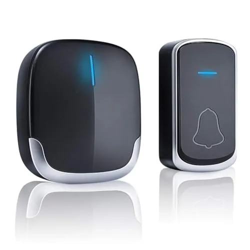Türklingel, Funkklingel Aussen Wasserdicht, Funk Türklingel Haustür, 300M Reichweite,58 Melodien Haustürklingel, Plug In für die Steckdose, Klingel und Klingelknopf mit LED Anzeige