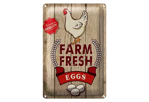 Roomando Metallschild Spruch 12x18cm Huhn farm fresh eggs premium