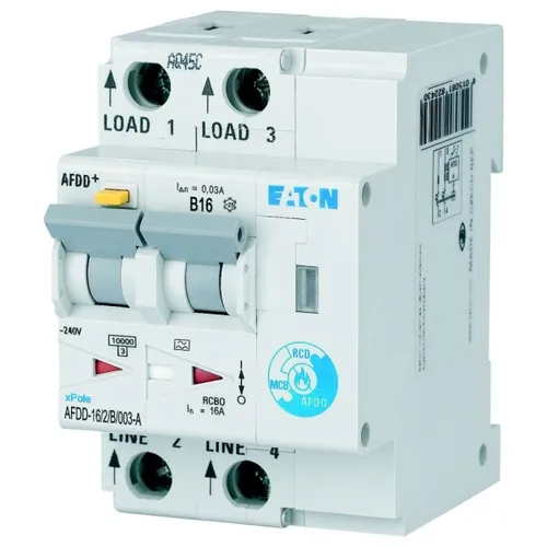 eaton AFDD-16/2/B/003-A Brandschutzschalter - Hochwertiger Brandschutzschalter mit Fehlerstromschutz- und Leitungsschutzschalter-Kombination, ideal für Baustrom- und Freiluftverteiler, bietet umfassenden Schutz bis 40 A.