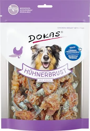 DOKAS Premium Snack für Hunde – Getreidefrei mit Hühnerbrust & Fisch, 220 g (6er Pack) - Genießen Sie die perfekte Snack-Kombination für Hunde: luftgetrocknete Anchovis umhüllt von feiner Hühnerbrust. Ideal für zwischendurch und gut verträglich – für glückliche Hunde!