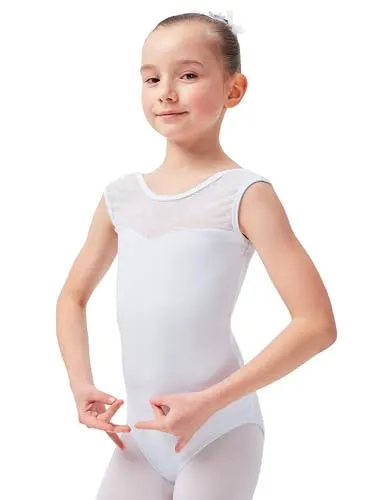 tanzmuster ® Ballettanzug Mädchen ärmellos - Cora - Weiß, Größe 152/158 - Eleganter ärmelloser Ballettanzug für Mädchen aus weichem Baumwollmaterial mit Spitzeneinsatz. Ideal für den Tanzunterricht und bequem im Tragen, sorgt für Bewegungsfreiheit und Stil.
