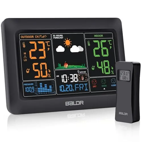 Wetterstation Funk mit Außensensor,Digital Farbdisplay DCF Funkuhr, Innen und Außen Thermometer Hygrometer,Funkwetterstation mit Wettervorhersage, Barometer und Mondphase, Netzteil, Schwarz
