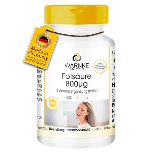 Folsäure 800μg - 400 Tabletten - 800μg pro Tablette - Kinderwunsch und Schwangerschaft - Deutsche Apothekenqualität - hochdosiert - vegan | Warnke Vitalstoffe