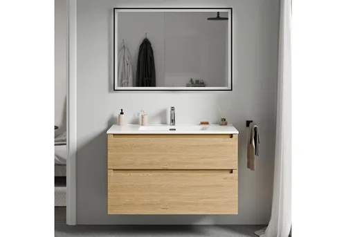 Bernstein Waschbeckenunterschrank VIREO Eiche honiggold 100cm - Eleganter Waschtischunterschrank mit hochwertigem Keramik-Waschbecken, 2 praktischen Schubladen und stilvollem Eiche honiggold-Finish. Ideal für Ihr Badezimmer.