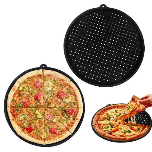 lemgyiamz Pizzablech Rund, Pizza Blech mit Löchern, Ø 33 cm Pizzablech für Pizzaofen bis 230 Grad, Pizza Backblech Rund, Antihaft Pizzaform für den Pizzaofen, Silica Pizzabackblech, Schwarz, 2 Stück