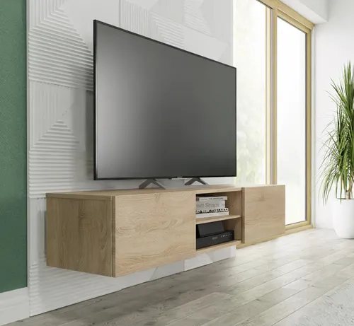 TV Lowboard Sonoma Eiche 140 cm mit 2 Türen und offenem Fach - Praktisches TV Lowboard in Sonoma Eiche, ideal für Wandmontage oder freistehend. Mit Push-to-Open Technik und 4 Fächern für optimale Kabelorganisation. Stilvolles Design für Ihr Wohnzimmer.