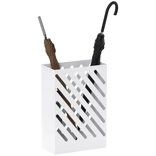 HOMCOM Regenschirmständer mit 4 Haken und Wasserauffangschale - Praktischer Regenschirmhalter aus pulverbeschichtetem Stahl, mit abnehmbarer Auffangschale für trockene Böden. Ideal für Eingangsbereiche und hält Schirme ordentlich und griffbereit.